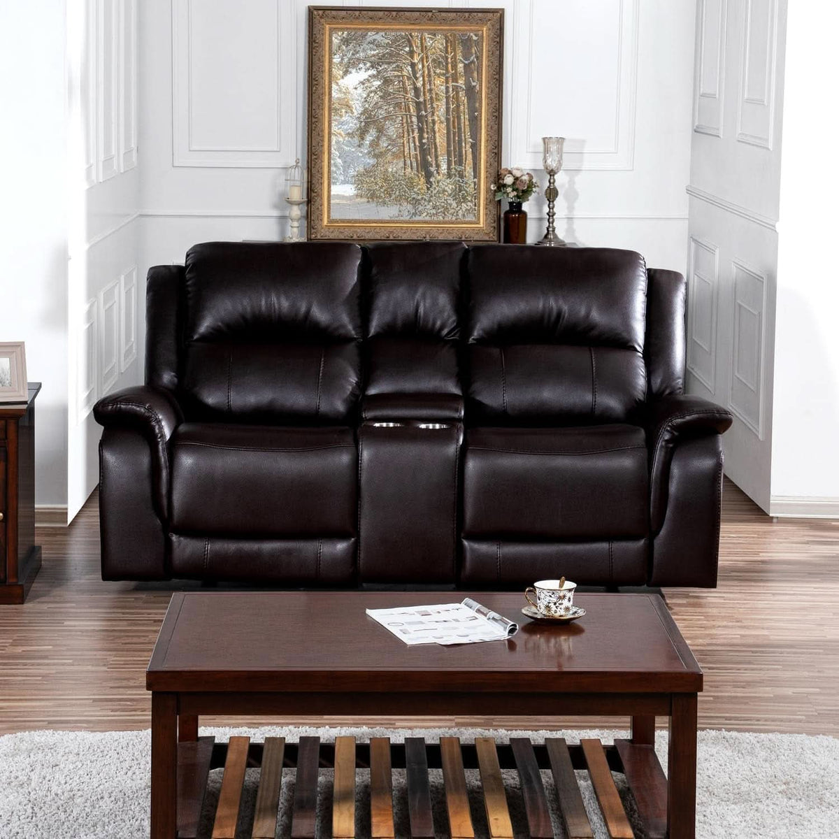 Oversized Espresso Leather Recliner Loveseat For Home Theater