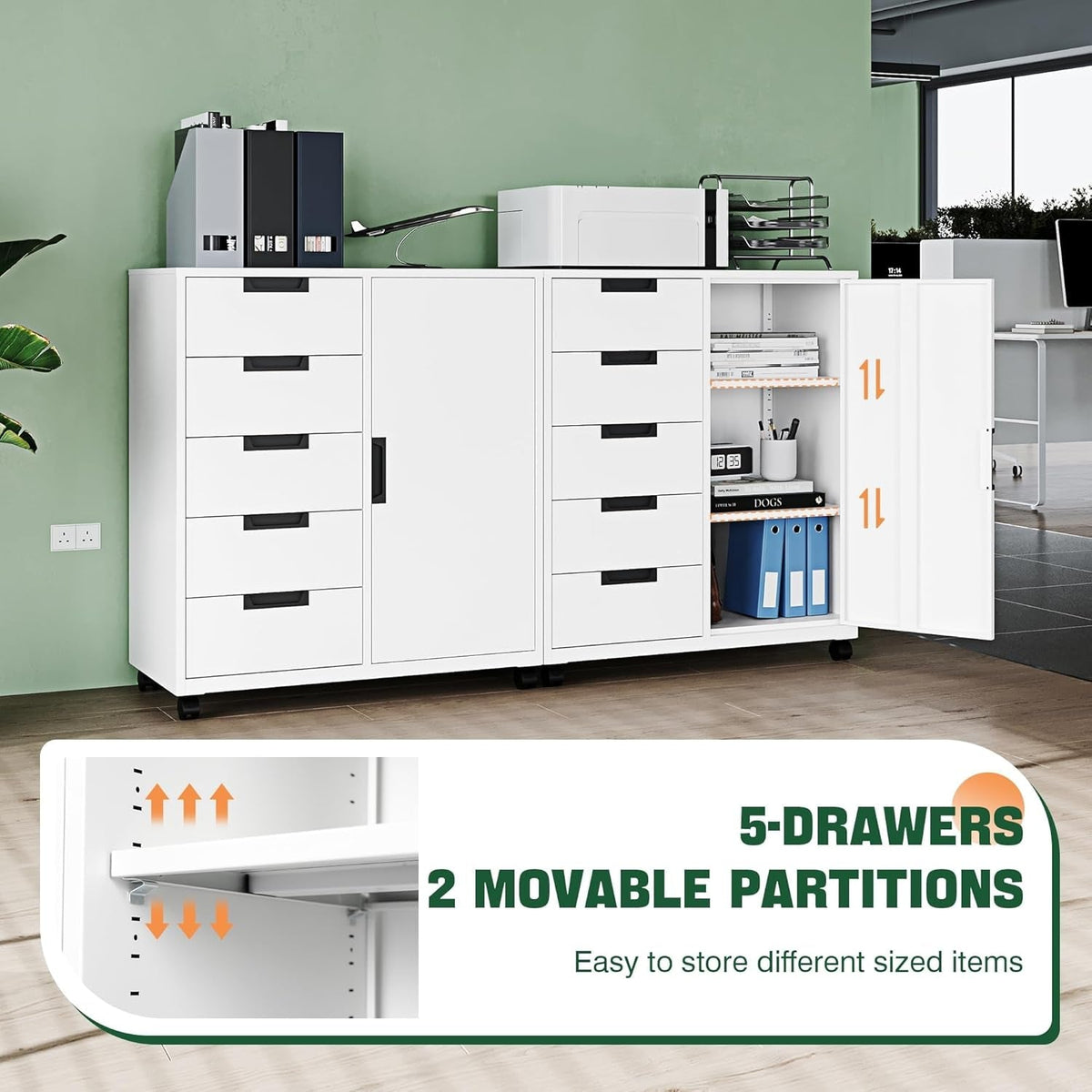 White Five-Drawer Movable Storage Cabinet For Home