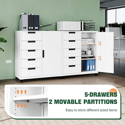 White Five-Drawer Movable Storage Cabinet For Home