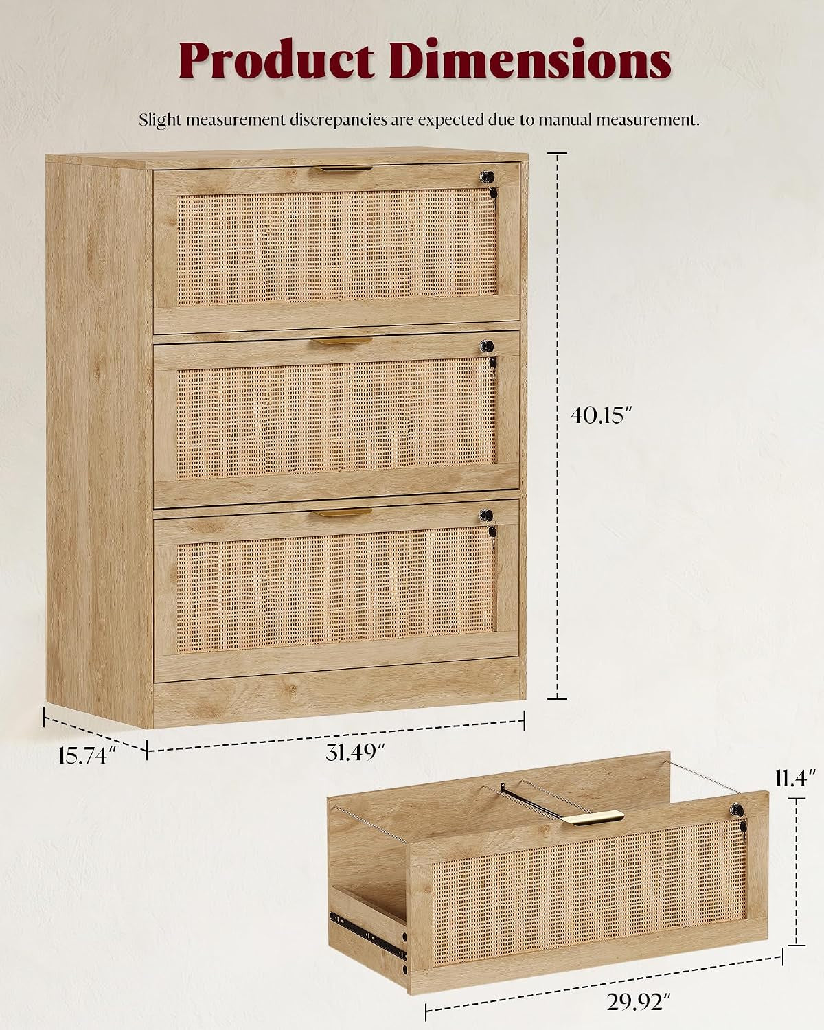 Extra Large 3 Drawer Genuine Rattan Home Storage Cabinet