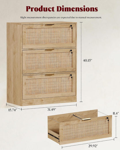 Extra Large 3 Drawer Genuine Rattan Home Storage Cabinet