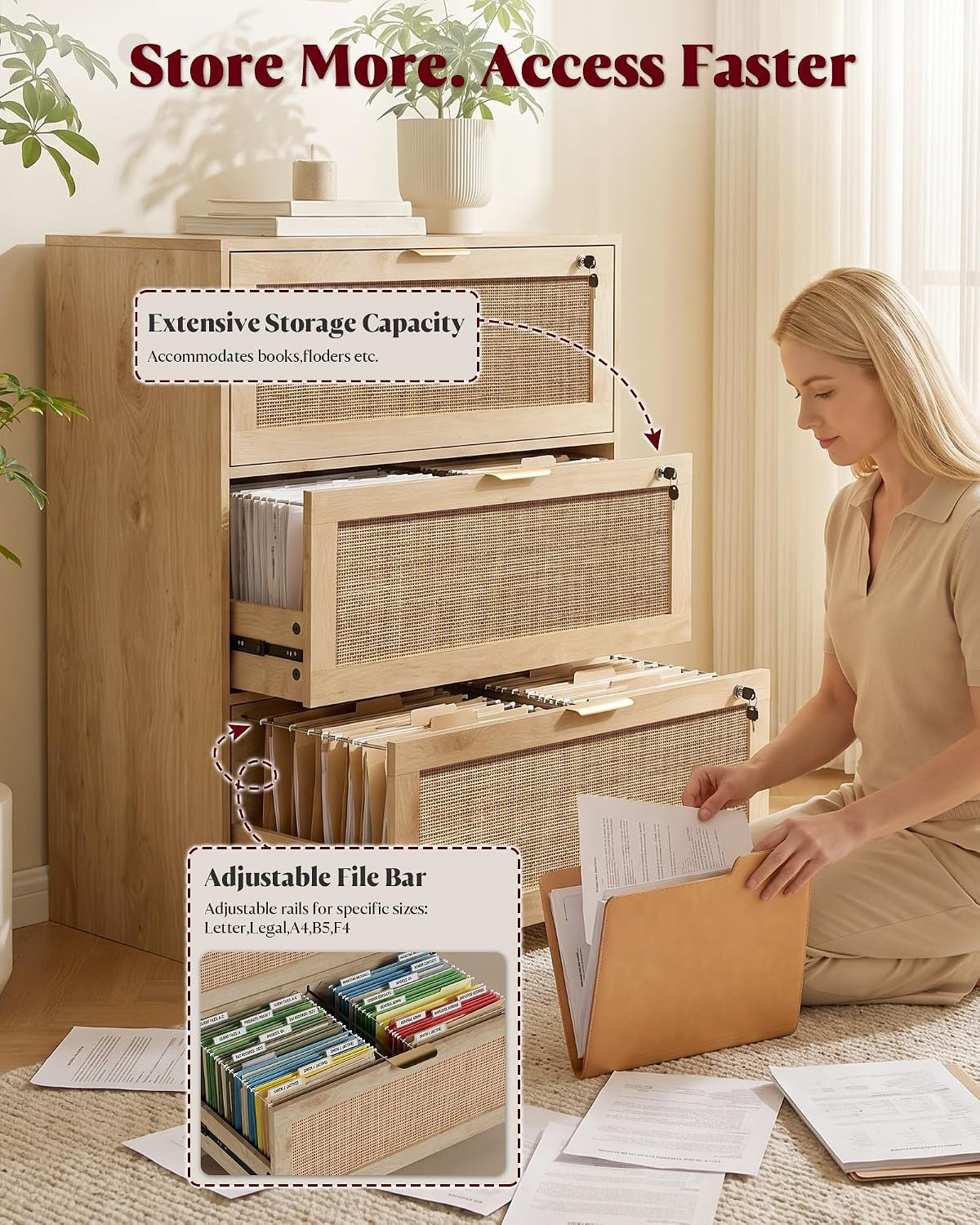 Extra Large 3 Drawer Genuine Rattan Home Storage Cabinet