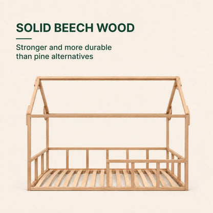 Single Montessori House Bed – Solid Wood Floor Bed with Guard Rails